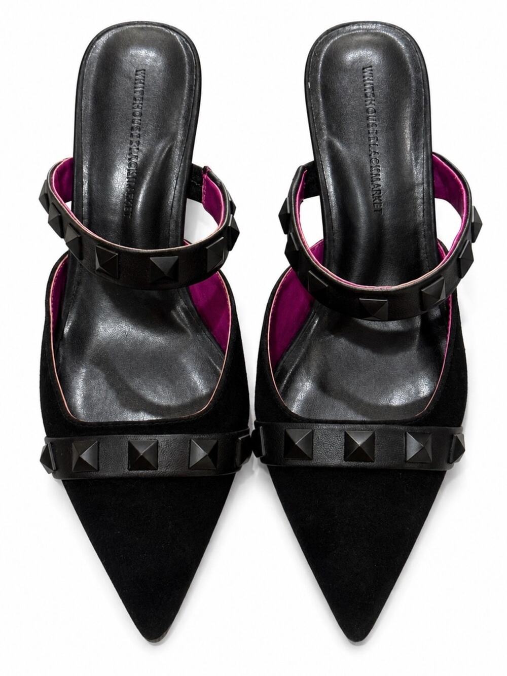 White House Black Market Black Studded Pointed Toe Kitten Heel Mules Size 8